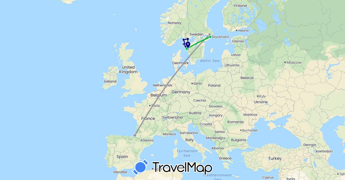 TravelMap itinerary: driving, bus, plane in France, Sweden (Europe)